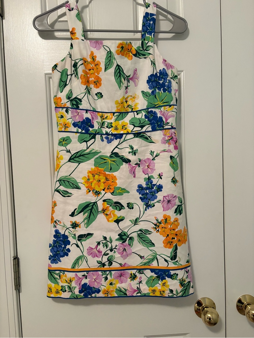 Ann Taylor White Floral Midi Dress with Yellow, Blue & Purple Blooms